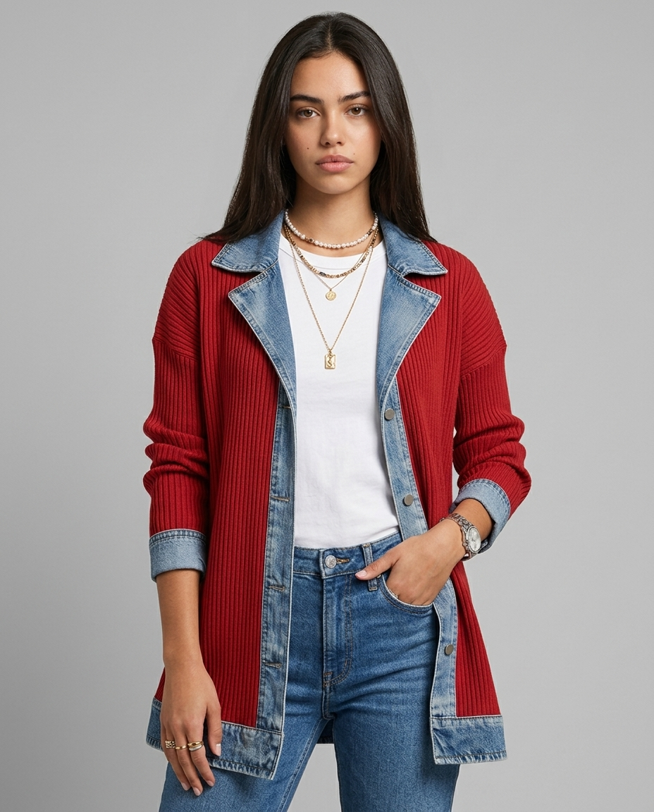 Denim Contrast Blazer | Red