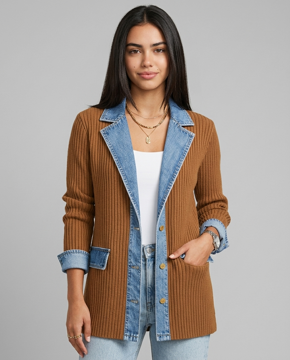 Denim Contrast Blazer | Khaki