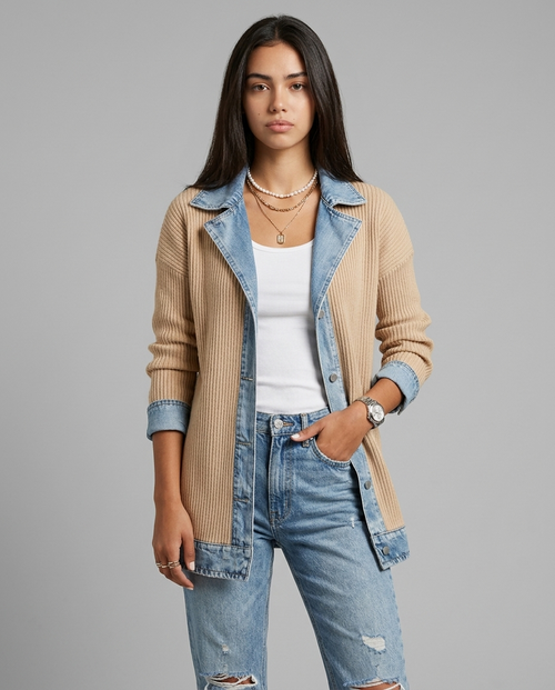 Denim Contrast Blazer | Apricot